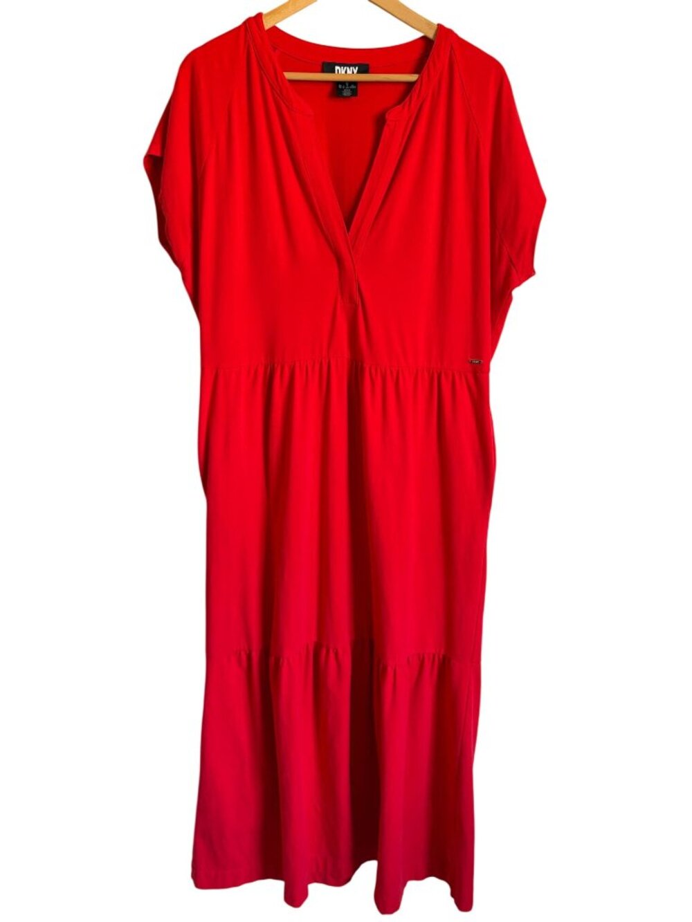 DKNY Orange Red Stretch V-Neck Tiered Maxi Dress Size XL Cotton Blend Short Slee